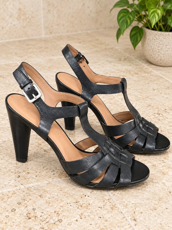 Franco Sarto Shoes - Franco Sarto "Delsie" Black Leather T-Strap 4" Heeled Sandals 9 EUC